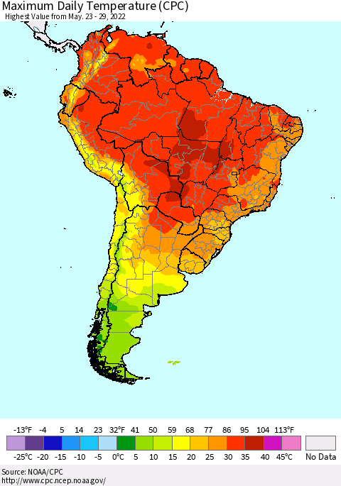 South America Maximum Daily Temperature (CPC) Thematic Map For 5/23/2022 - 5/29/2022