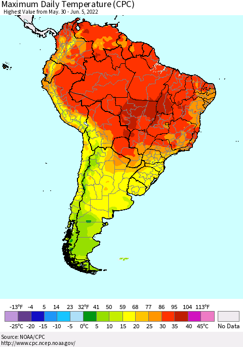 South America Maximum Daily Temperature (CPC) Thematic Map For 5/30/2022 - 6/5/2022