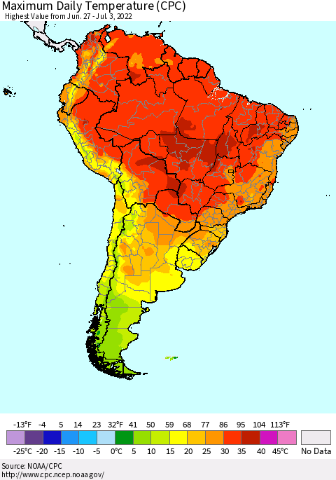 South America Maximum Daily Temperature (CPC) Thematic Map For 6/27/2022 - 7/3/2022