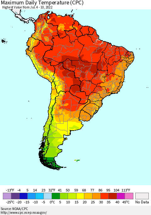 South America Maximum Daily Temperature (CPC) Thematic Map For 7/4/2022 - 7/10/2022