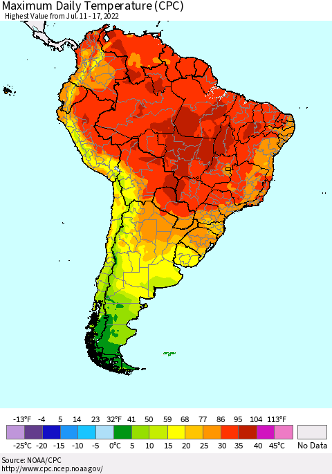South America Maximum Daily Temperature (CPC) Thematic Map For 7/11/2022 - 7/17/2022
