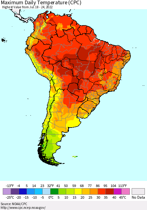 South America Maximum Daily Temperature (CPC) Thematic Map For 7/18/2022 - 7/24/2022
