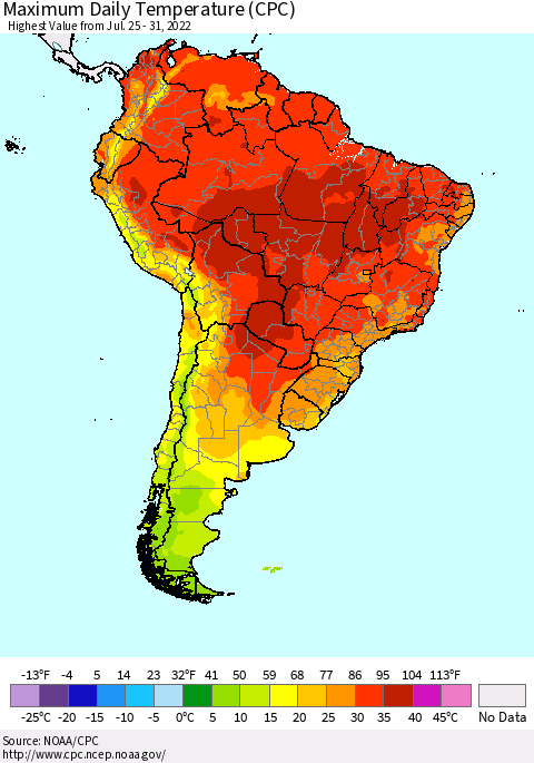 South America Maximum Daily Temperature (CPC) Thematic Map For 7/25/2022 - 7/31/2022