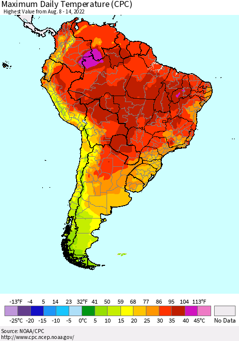 South America Maximum Daily Temperature (CPC) Thematic Map For 8/8/2022 - 8/14/2022