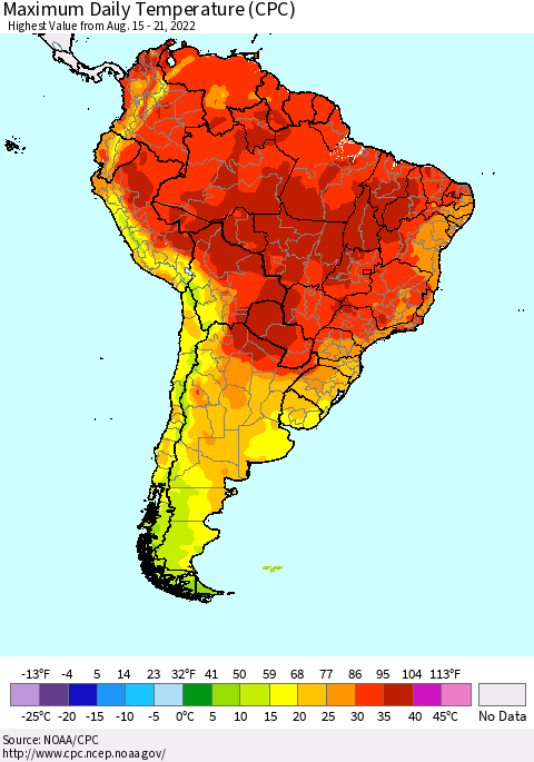 South America Maximum Daily Temperature (CPC) Thematic Map For 8/15/2022 - 8/21/2022