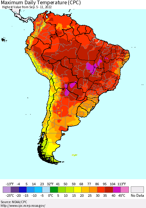 South America Maximum Daily Temperature (CPC) Thematic Map For 9/5/2022 - 9/11/2022