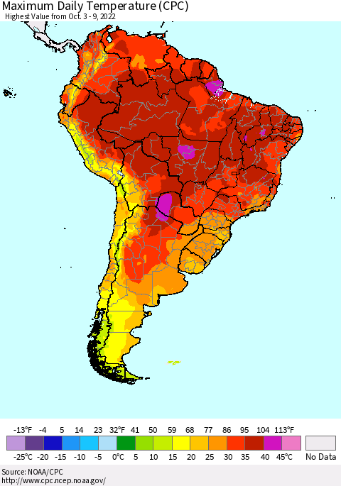South America Maximum Daily Temperature (CPC) Thematic Map For 10/3/2022 - 10/9/2022