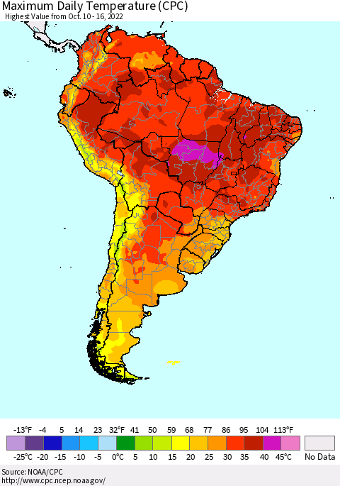 South America Maximum Daily Temperature (CPC) Thematic Map For 10/10/2022 - 10/16/2022