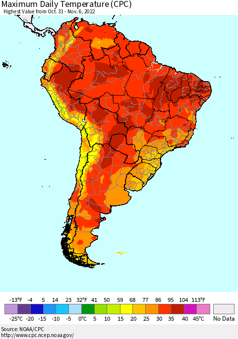 South America Maximum Daily Temperature (CPC) Thematic Map For 10/31/2022 - 11/6/2022