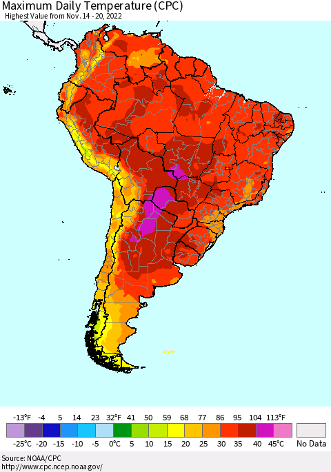 South America Maximum Daily Temperature (CPC) Thematic Map For 11/14/2022 - 11/20/2022