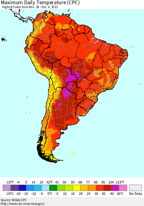 South America Maximum Daily Temperature (CPC) Thematic Map For 11/28/2022 - 12/4/2022
