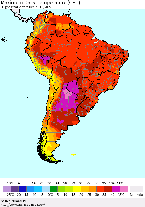 South America Maximum Daily Temperature (CPC) Thematic Map For 12/5/2022 - 12/11/2022