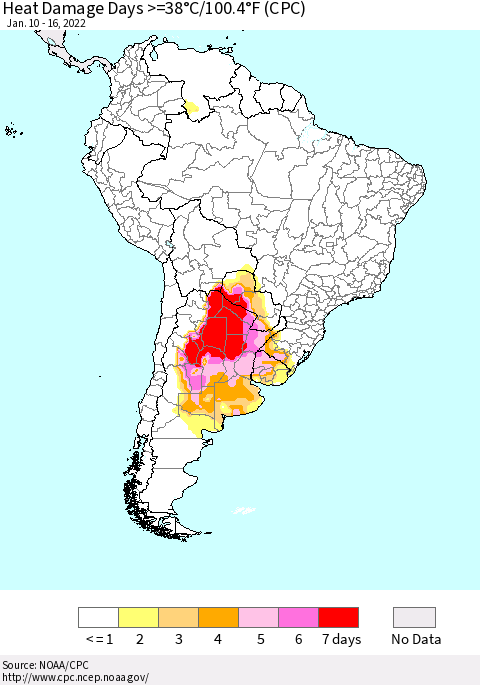 South America Heat Damage Days >=38°C/100°F (CPC) Thematic Map For 1/10/2022 - 1/16/2022