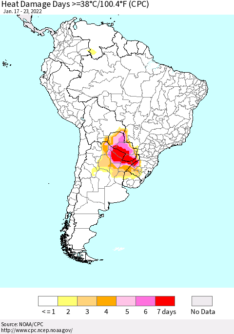 South America Heat Damage Days >=38°C/100°F (CPC) Thematic Map For 1/17/2022 - 1/23/2022