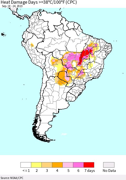 South America Heat Damage Days >=38°C/100°F (CPC) Thematic Map For 9/18/2023 - 9/24/2023