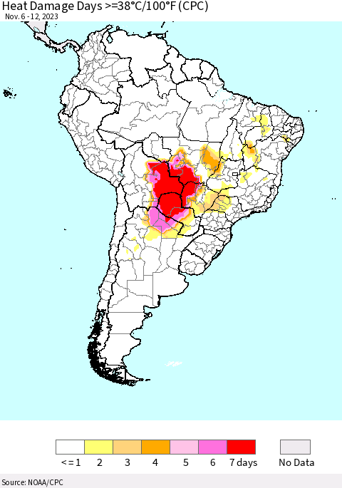 South America Heat Damage Days >=38°C/100°F (CPC) Thematic Map For 11/6/2023 - 11/12/2023