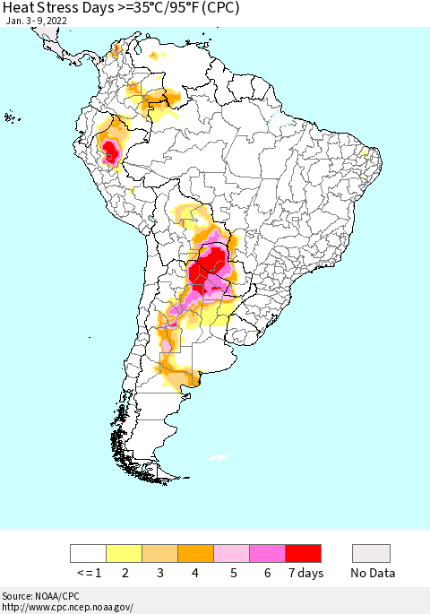 South America Heat Stress Days >=35°C/95°F (CPC) Thematic Map For 1/3/2022 - 1/9/2022