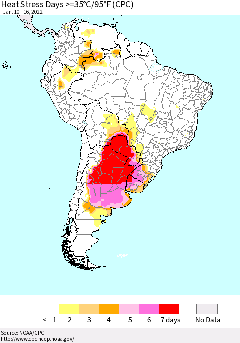 South America Heat Stress Days >=35°C/95°F (CPC) Thematic Map For 1/10/2022 - 1/16/2022