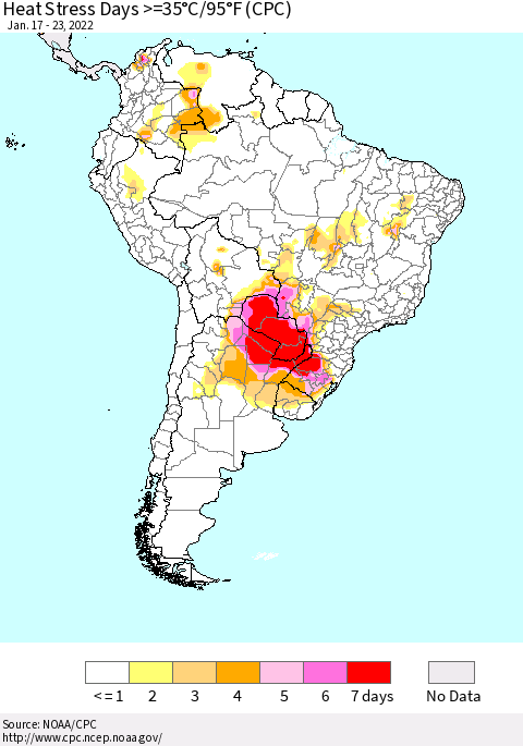 South America Heat Stress Days >=35°C/95°F (CPC) Thematic Map For 1/17/2022 - 1/23/2022