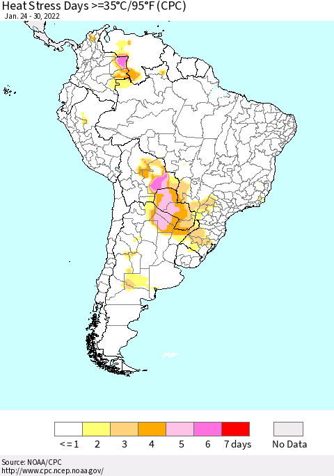South America Heat Stress Days >=35°C/95°F (CPC) Thematic Map For 1/24/2022 - 1/30/2022