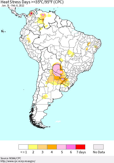 South America Heat Stress Days >=35°C/95°F (CPC) Thematic Map For 1/31/2022 - 2/6/2022