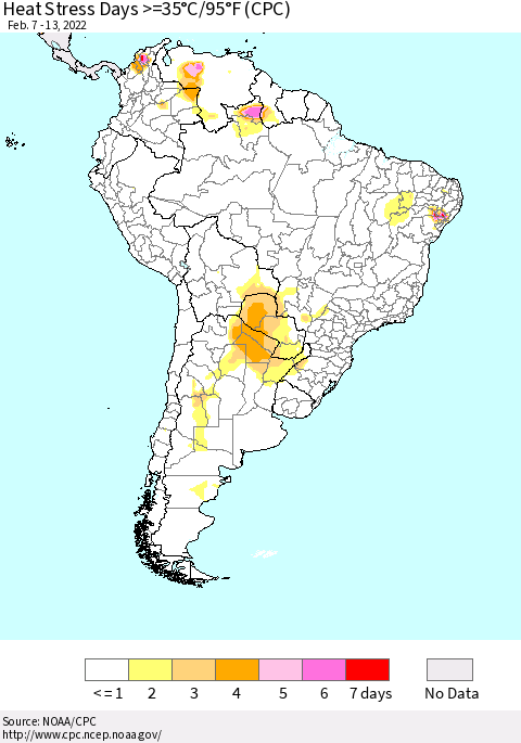 South America Heat Stress Days >=35°C/95°F (CPC) Thematic Map For 2/7/2022 - 2/13/2022