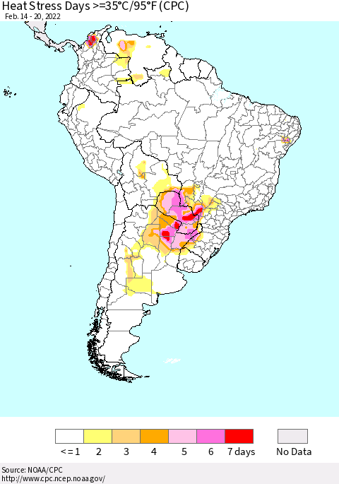 South America Heat Stress Days >=35°C/95°F (CPC) Thematic Map For 2/14/2022 - 2/20/2022