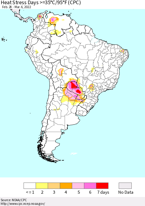 South America Heat Stress Days >=35°C/95°F (CPC) Thematic Map For 2/28/2022 - 3/6/2022