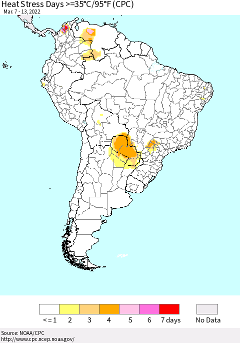 South America Heat Stress Days >=35°C/95°F (CPC) Thematic Map For 3/7/2022 - 3/13/2022