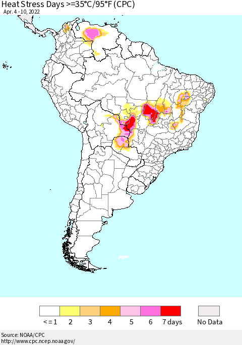 South America Heat Stress Days >=35°C/95°F (CPC) Thematic Map For 4/4/2022 - 4/10/2022
