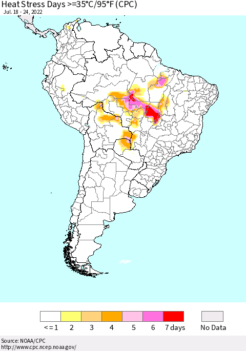 South America Heat Stress Days >=35°C/95°F (CPC) Thematic Map For 7/18/2022 - 7/24/2022