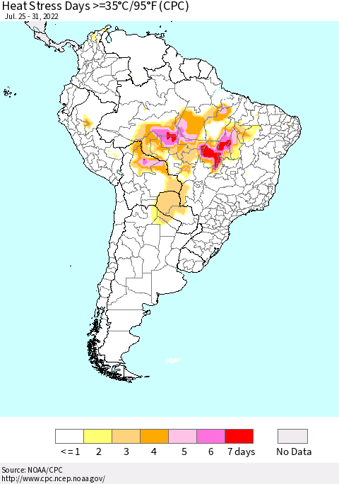 South America Heat Stress Days >=35°C/95°F (CPC) Thematic Map For 7/25/2022 - 7/31/2022