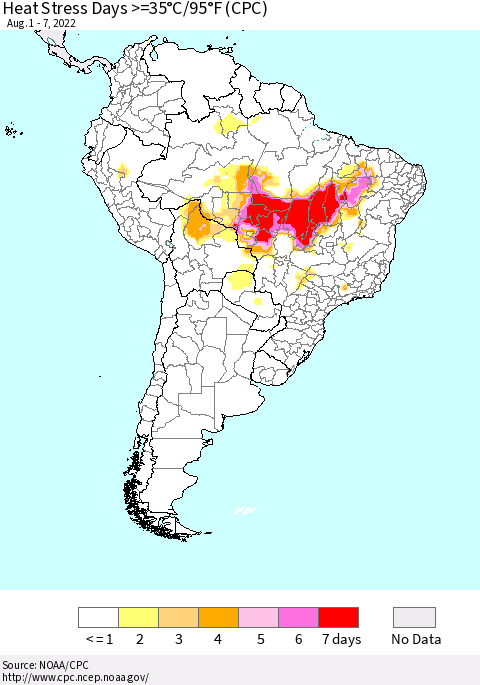 South America Heat Stress Days >=35°C/95°F (CPC) Thematic Map For 8/1/2022 - 8/7/2022