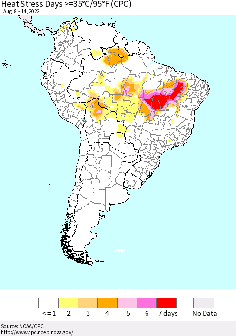 South America Heat Stress Days >=35°C/95°F (CPC) Thematic Map For 8/8/2022 - 8/14/2022