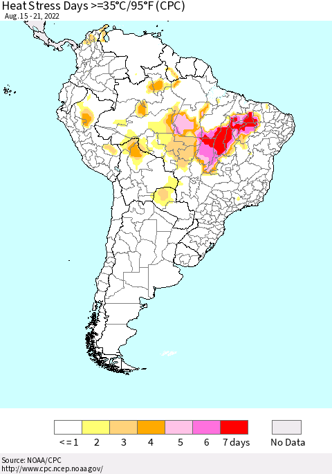 South America Heat Stress Days >=35°C/95°F (CPC) Thematic Map For 8/15/2022 - 8/21/2022