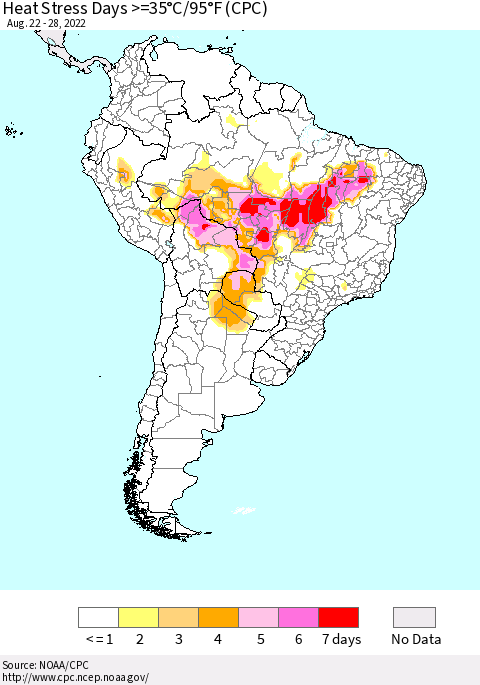 South America Heat Stress Days >=35°C/95°F (CPC) Thematic Map For 8/22/2022 - 8/28/2022