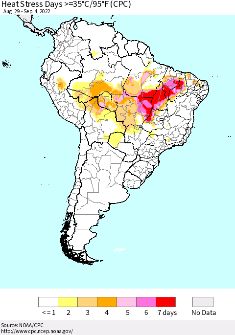 South America Heat Stress Days >=35°C/95°F (CPC) Thematic Map For 8/29/2022 - 9/4/2022