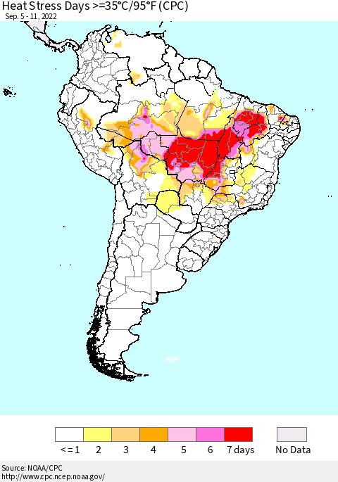 South America Heat Stress Days >=35°C/95°F (CPC) Thematic Map For 9/5/2022 - 9/11/2022
