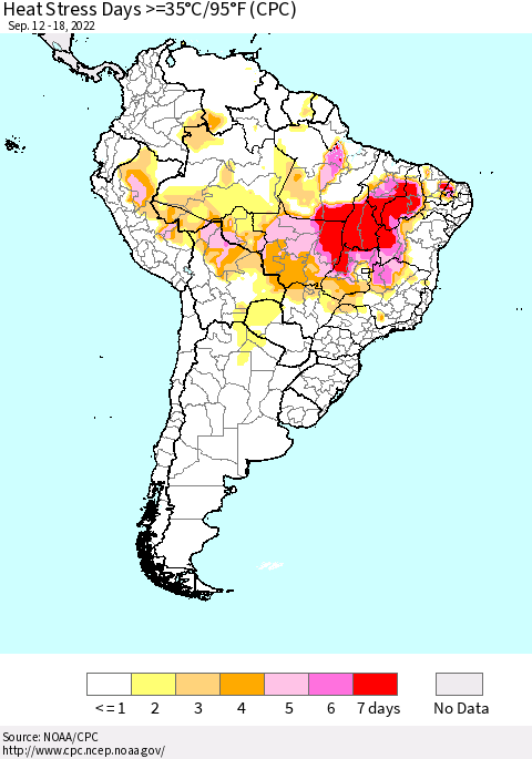 South America Heat Stress Days >=35°C/95°F (CPC) Thematic Map For 9/12/2022 - 9/18/2022