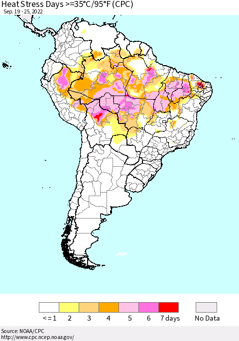 South America Heat Stress Days >=35°C/95°F (CPC) Thematic Map For 9/19/2022 - 9/25/2022