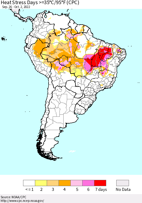 South America Heat Stress Days >=35°C/95°F (CPC) Thematic Map For 9/26/2022 - 10/2/2022