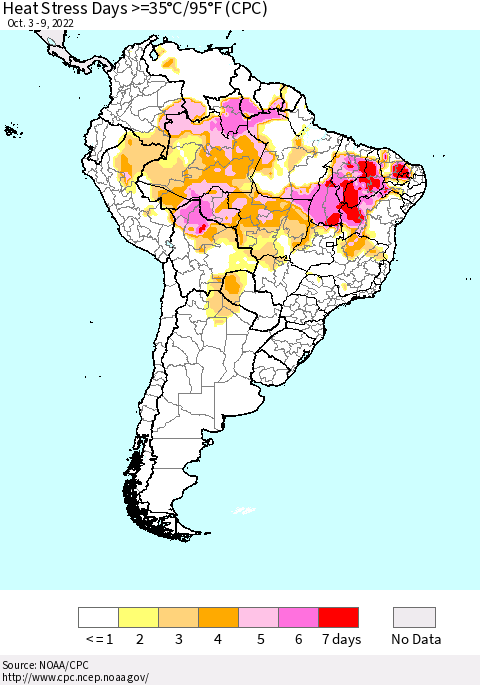 South America Heat Stress Days >=35°C/95°F (CPC) Thematic Map For 10/3/2022 - 10/9/2022
