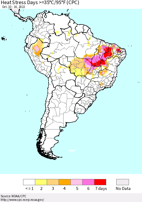 South America Heat Stress Days >=35°C/95°F (CPC) Thematic Map For 10/10/2022 - 10/16/2022