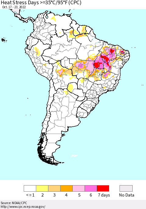 South America Heat Stress Days >=35°C/95°F (CPC) Thematic Map For 10/17/2022 - 10/23/2022