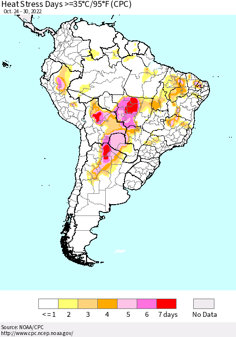 South America Heat Stress Days >=35°C/95°F (CPC) Thematic Map For 10/24/2022 - 10/30/2022