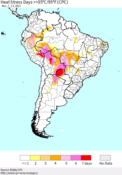 South America Heat Stress Days >=35°C/95°F (CPC) Thematic Map For 11/7/2022 - 11/13/2022