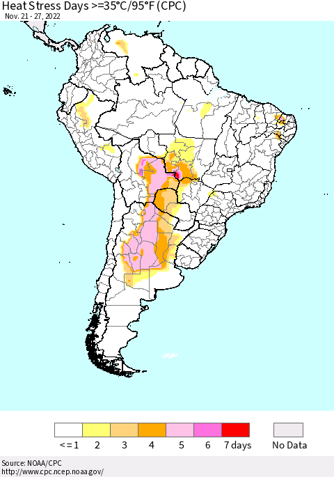 South America Heat Stress Days >=35°C/95°F (CPC) Thematic Map For 11/21/2022 - 11/27/2022