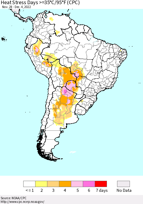 South America Heat Stress Days >=35°C/95°F (CPC) Thematic Map For 11/28/2022 - 12/4/2022