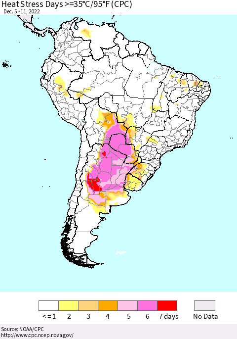 South America Heat Stress Days >=35°C/95°F (CPC) Thematic Map For 12/5/2022 - 12/11/2022