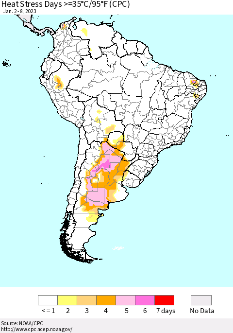 South America Heat Stress Days >=35°C/95°F (CPC) Thematic Map For 1/2/2023 - 1/8/2023
